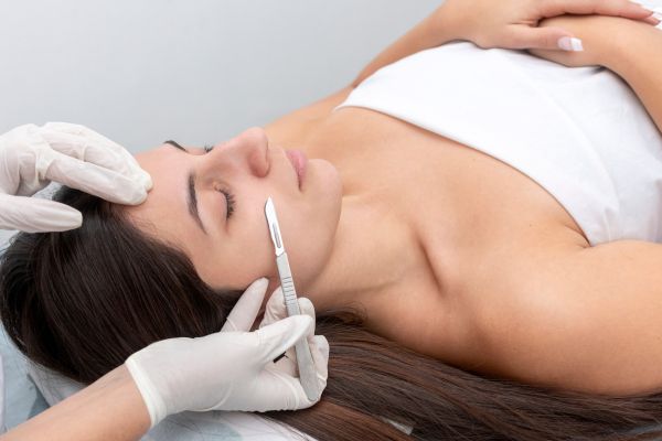 A woman lies on her back with eyes closed while a gloved hand holds a scalpel near her cheek. Another gloved hand is near her forehead.