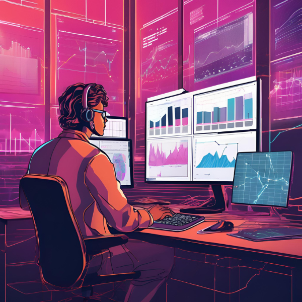 Person wearing headphones and glasses sits at a desk with multiple computer monitors displaying charts and graphs.